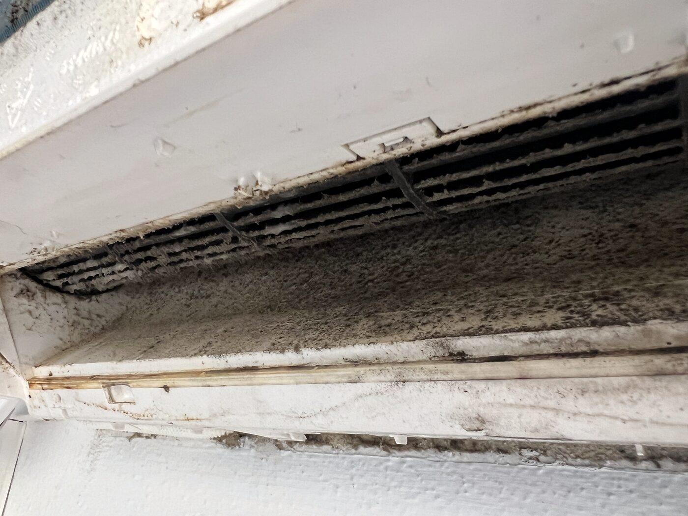 AC unit interior with heavy fouling: grey and black dust matted across the discharge louvre and tray after a full summer season.